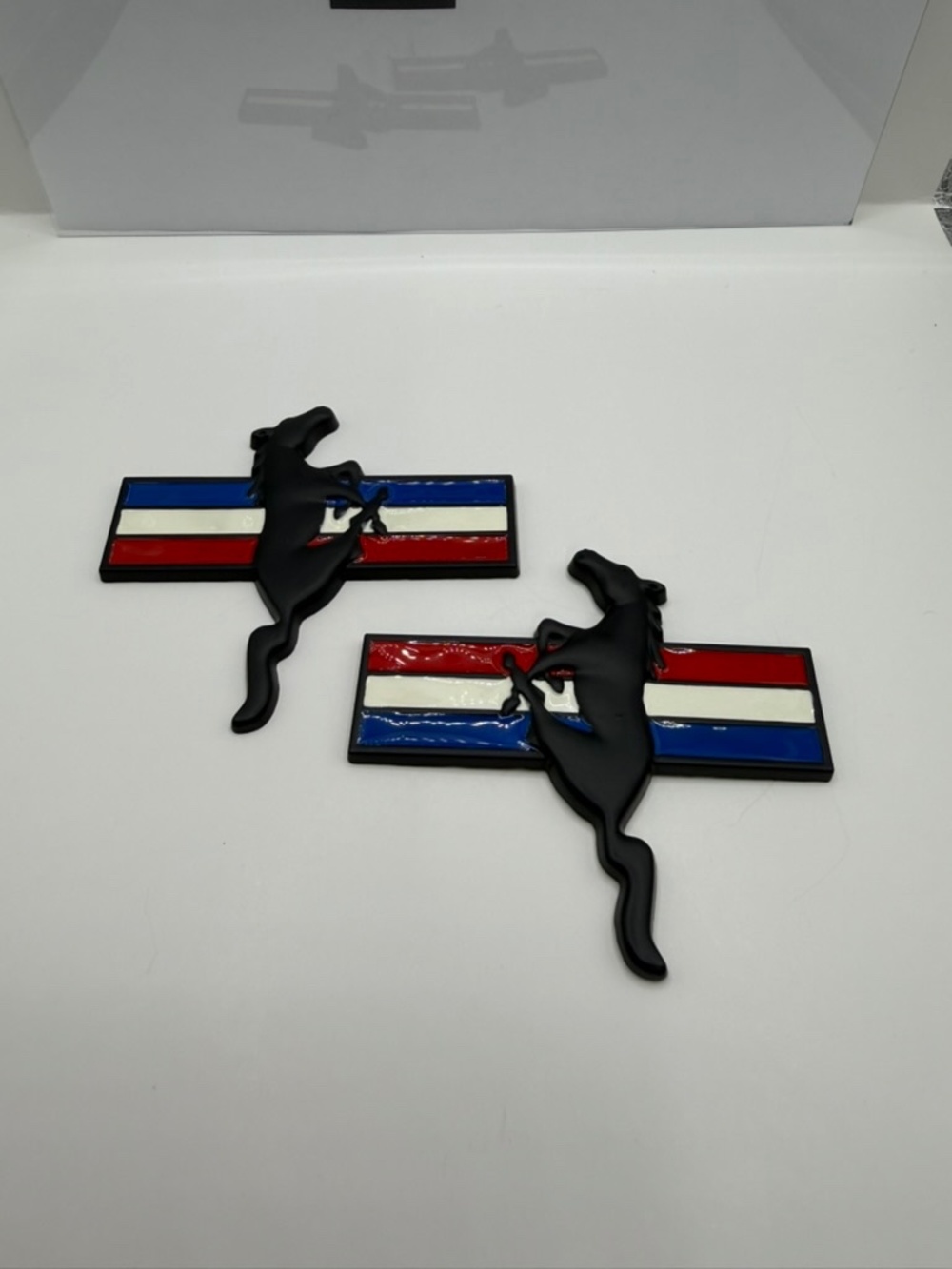 Men's Black Mustang Metallic Emblem with Red White Blue Stripes